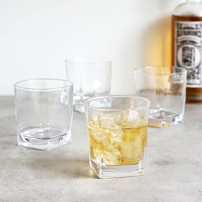 TRUE Square Rocks Glass, Old Fashioned Whiskey Glasses, Superb Drinking Cups for Cocktail Party, Home Bar, Bartender Accessories, Set of 4, 10 oz