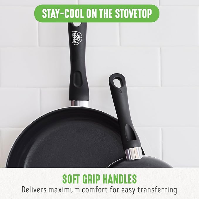 GreenLife Soft Grip 7" and 10" Frying Pan Set, Healthy Ceramic Nonstick, Non Toxic PFAS & PFOA-Free, Dishwasher Safe, Egg Omelet Skillet, Cookware for Easy Cooking, Kitchen Essentials, Black
