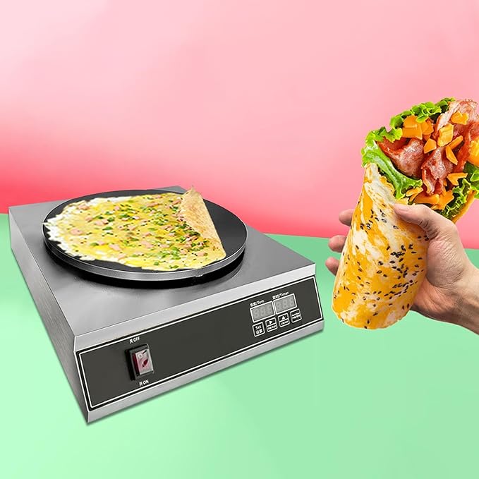 Commercial Electric Crepe Maker, 16" Non-Stick 2000W Crepe Machine Adjustable Temperature Control, Thickened Cast Iron Cooking Surface Pancakes Maker Griddle with Handle