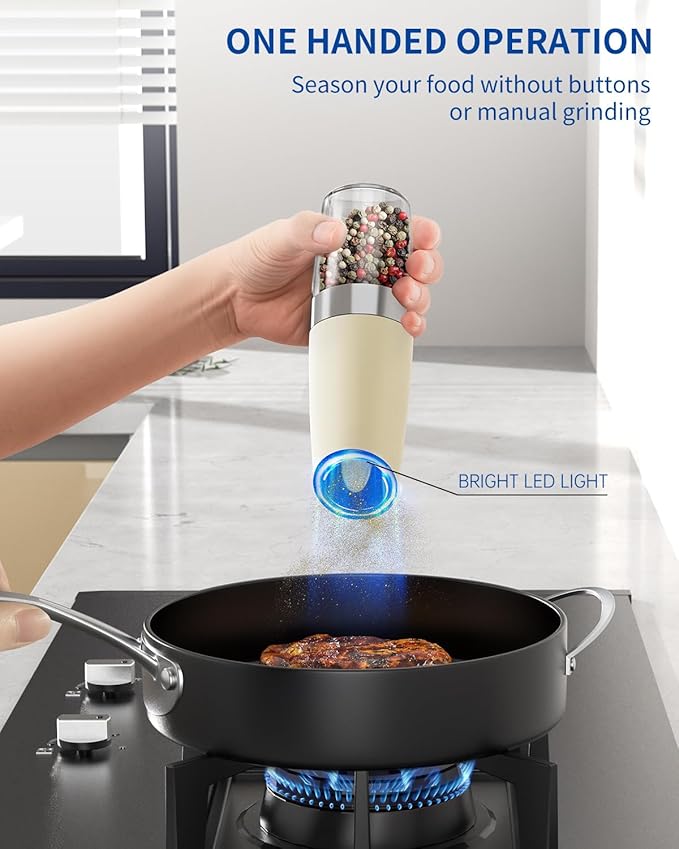 CIRCLE JOY Gravity Electric Salt and Pepper Grinder Set Automatic Salt and Pepper Grinder Set with LED Light, Battery Operated, Adjustable Coarseness, Large Capacity, for Home Kitchen BBQ, Beige