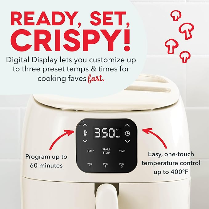 DASH Tasti-Crisp™ Ceramic Air Fryer Oven, 2.6 Qt., Cream – Compact Air Fryer for Healthier Food in Minutes, Ceramic Nonstick Surface, Ideal for Small Spaces - Auto Shut Off, Digital, 1000-Watt