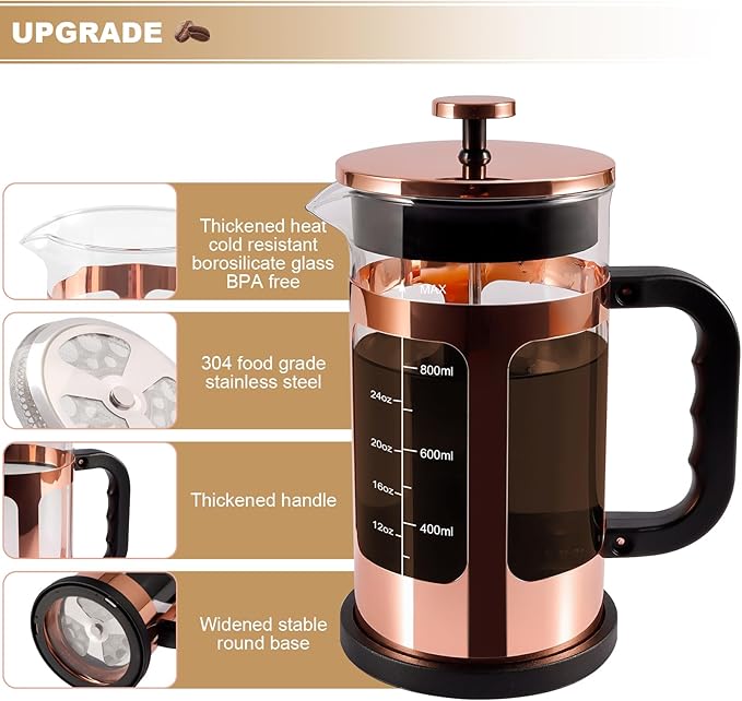 French Press Coffee Tea Maker， Upgrade Heat Cold Resistant Thickened Glass with 4 Level Stainless Steel Filtration System Brew Coffee & Tea， BPA Free, Large 1000ml 34oz,Rose Gold