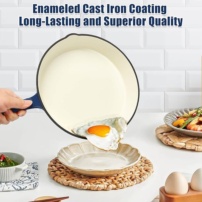 Hisencn Enameled Cast Iron Skillet Set - 3 Piece Ceramic Coated Fry Pan Set(8'',9.5'' 11''), PFAS/PTFE/PFOA Free, Oven & Induction Safe, Navy Blue Cookware for Gas/Electric Stovetop