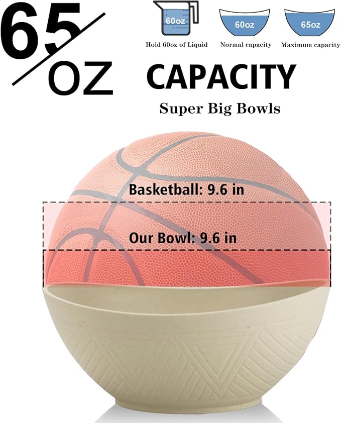 65oz Big Wheat Straw Bowls - Large Salad Bowls set of 6 - Unbreakable Serving Bowl Sets - Microwave & Dishwasher Safe Bowl Sets for Cereal,Salad,Fruit - Beige