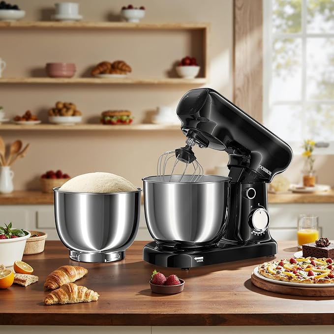 Stand Mixer with 3QT+3.5QT Dual Bowls, 10-Speed Electric 300W Food Mixer - Includes Egg Whisk, Dough Hook & Flat Beater for Home Baking & Daily Cooking (Black)