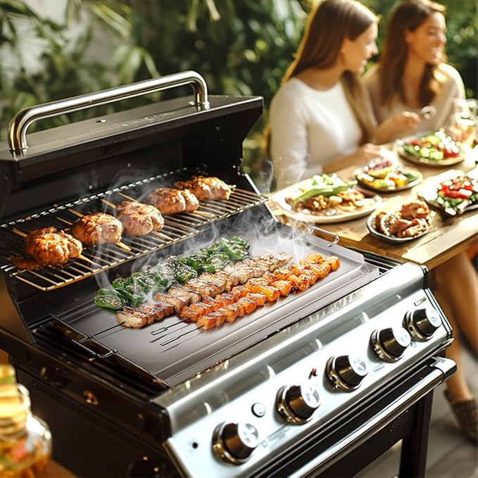 LotFun 25" x 16" Stainless Steel Cooking Griddle for Outdoor Gas Grill, Universal Griddle Flat Top Plate Insert with Grease Groove and Removable Handles for Electric/Charcoal/Gas Grill, Camping,Party