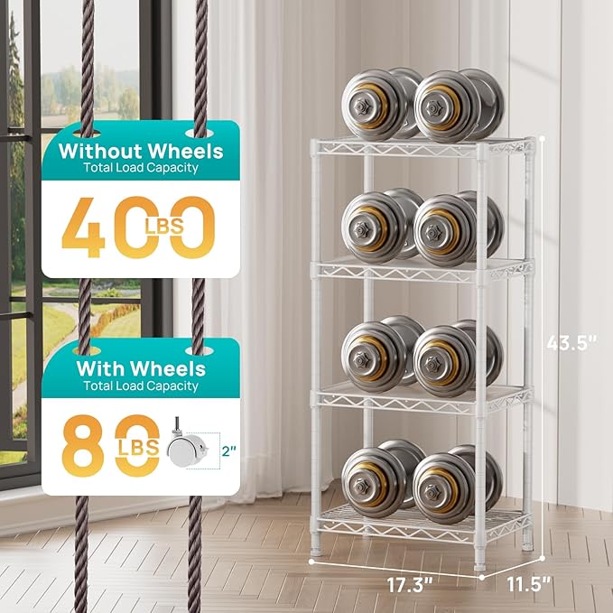 SINGAYE 4 Small Shelves Storage Shelf Wire Shelving Unit Metal Shelf Adjustable Organizers Storage Shelving with Wheels for Bathroom Laundry Room Kitchen Pantry11.5”D x 17.3”W x 44.5”H White
