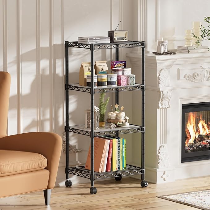 SINGAYE 4 Small Shelves Storage Shelf Wire Shelving Unit Metal Shelf Adjustable Organizers Storage Shelving with Wheels for Bathroom Laundry Room Kitchen Pantry11.5”D x 17.3”W x 44.5”H Black