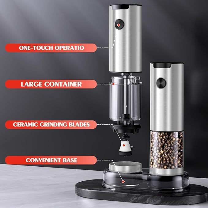 Stainless Steel Electric Salt and Pepper Grinder Set-One-Touch Battery Operated Mill with Adjustable Coarseness & LED Light, Sleek & Durable Grinder for Kitchen New Home Gift Ideas (2 Pack)