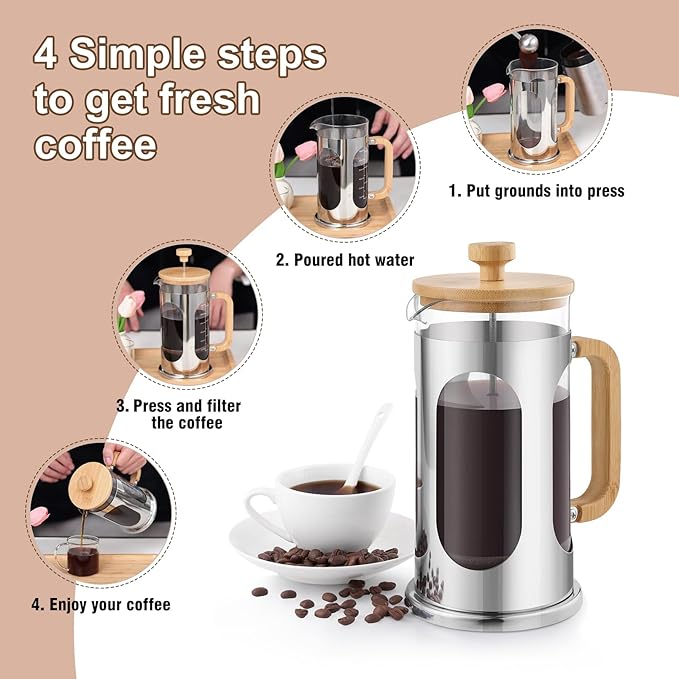 Sivaphe No-Plastic French Press Coffee Maker 34 oz, Borosilicate Glass Bamboo Lid and Handle Coffee Tea Press 8 cup, 1000ml Coffee Milk Forther with Stainless Steel Holder and Resuable Filters