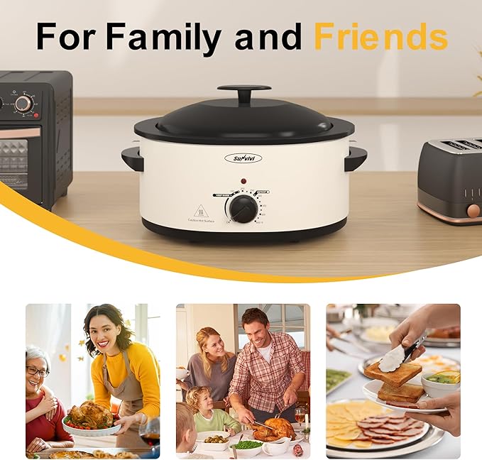 Sunvivi 8-Quart Roaster Oven with Self-Basting Lid, Electric Turkey Roaster Oven with Removable Pan and Rack, Stainless Steel, White