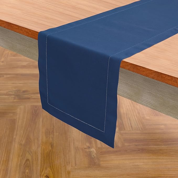 Solino Home Table Runner 108 Inches Long - Cotton Linen Hemstitch Lapis Blue Table Runner 14 x 108 Inch for Summer, Fall, Autumn
