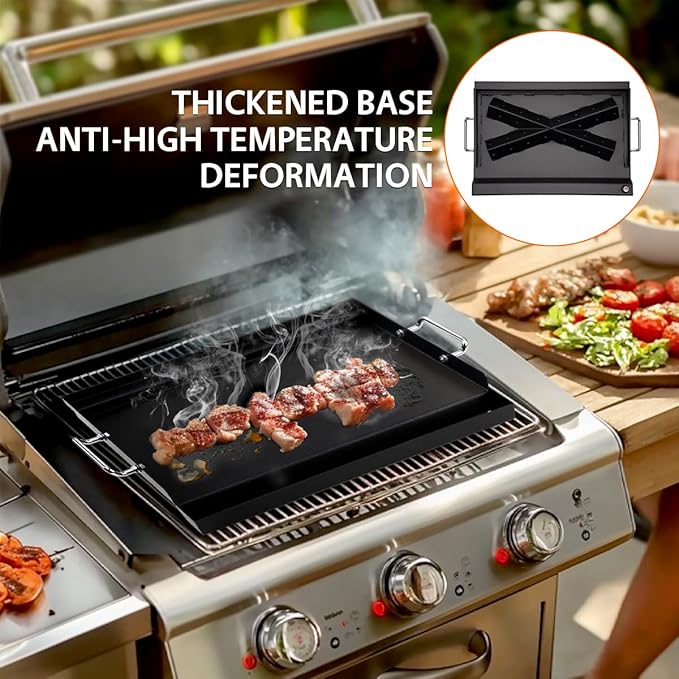 LotFun 17" x 13" Carbon Steel Cooking Griddle for Outdoor Gas Grill, Universal Griddle Flat Top Plate Insert with Grease Groove and Removable Handles for Electric/Charcoal/Gas Grill, Camping,Party