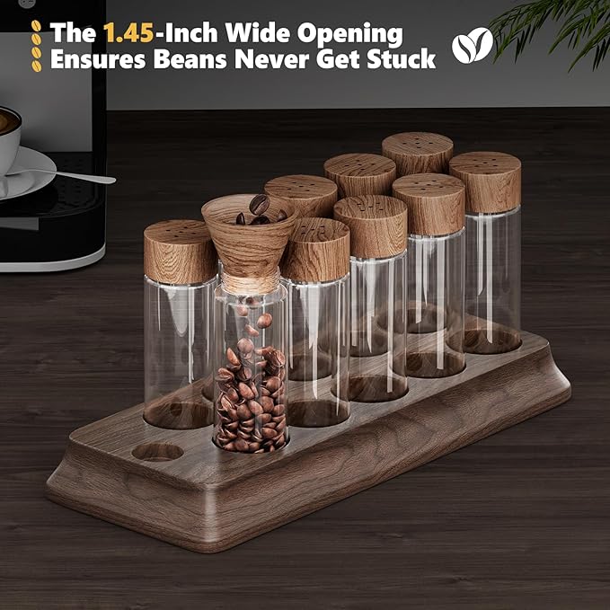 Single Dose Coffee Bean Storage Tubes Coffee Storage Container with One-Way Exhaust Valve,Coffee Bean Cellar 10 Pcs Dosing Glass Vials (2 Oz) Walnut Wood Stand Funnel And Lids