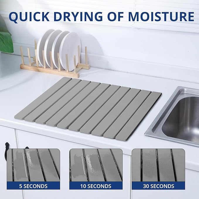 Large Stone Dish Drying Mat for Kitchen Counter, 24"×16" Quick Dry Collapsible Diatomaceous Earth Mat – Super Absorbent Foldable Drying Pad for Dishes (Light Gray, 23.2" x 15.4")