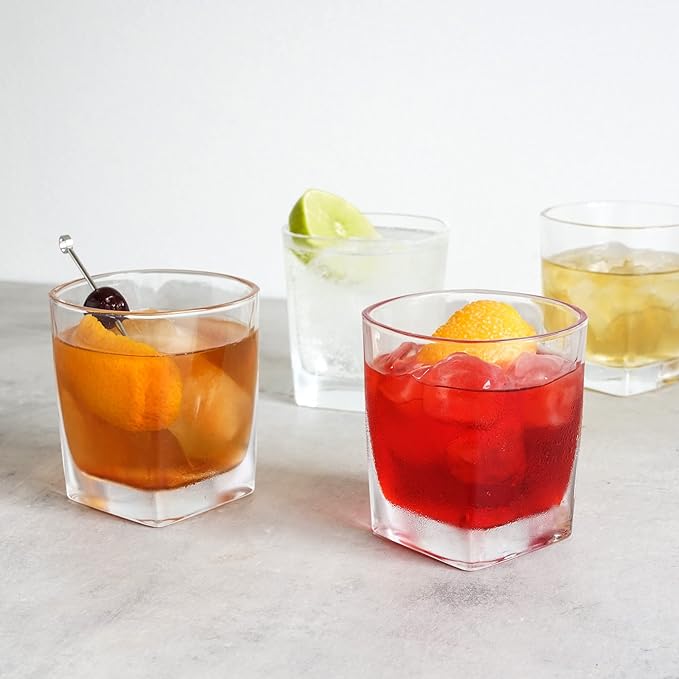 TRUE Square Rocks Glass, Old Fashioned Whiskey Glasses, Superb Drinking Cups for Cocktail Party, Home Bar, Bartender Accessories, Set of 4, 10 oz