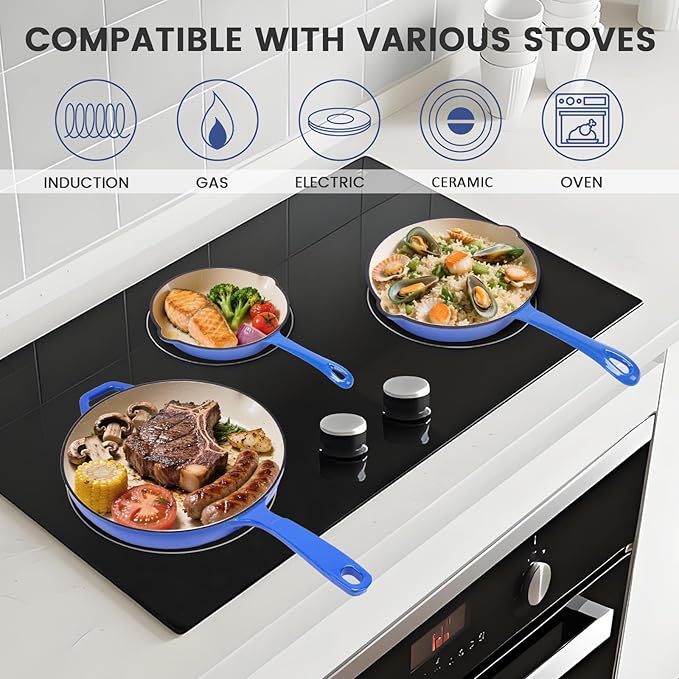 Hisencn Enameled Cast Iron Skillet - Ceramic Coated 8''/9.5''/11'' Fry Pan Set, Gas/Induction/Electric/Oven Compatible, 3 Size Frying Pans, PTFE & PFOA Free, Cast Iron Ceramic Cookware, Cobalt Blue