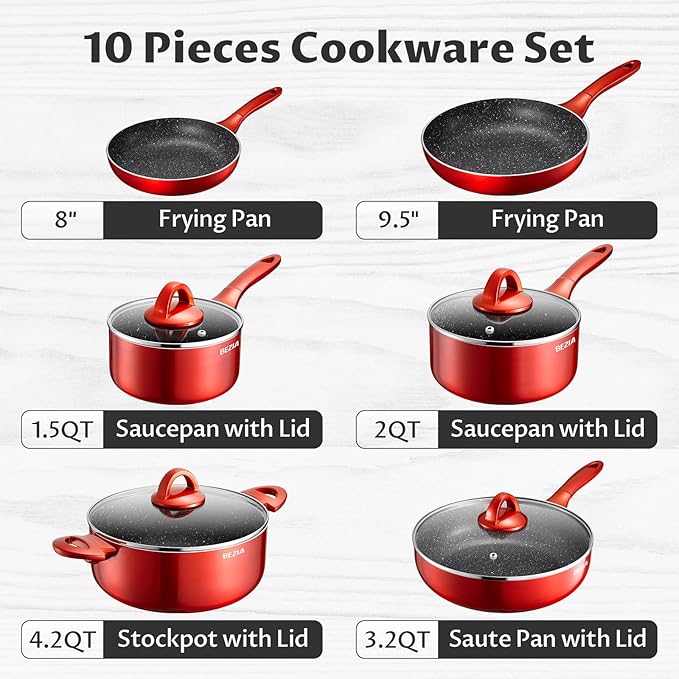 Induction Cookware Pots and Pans Set 10 Piece, BEZIA Dishwasher Safe Nonstick Cooking Pans, Stay-Cool Bakelite Handle, Scratch Resistant Kitchen Sets with Frying Pans, Saucepans & Stockpot (Red)