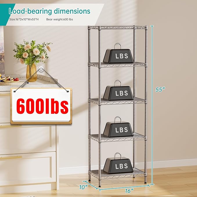 SINGAYE 5 Tier Shelf Wire Shelving Adjustable Storage Shelves Rack Standing Units for Kitchen Closet Laundry Bathroom Organizers Metal Pantry Narrow Mesh Gaps 10" D x 16" W x 55" H Gray