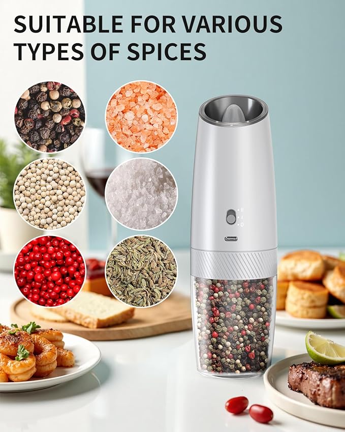 CIRCLE JOY 2-Speed Gravity Electric Pepper Grinder, Rechargeable Salt Grinder Pepper Mills, Adjustable Coarseness, White LED Light, 135ML Large Capacity, Silver