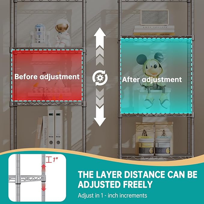 SINGAYE 5 Tier Shelf Wire Shelving Adjustable Storage Shelves Rack Standing Units for Kitchen Closet Laundry Bathroom Organizers Metal Pantry Narrow Mesh Gaps 10" D x 16" W x 55" H Gray