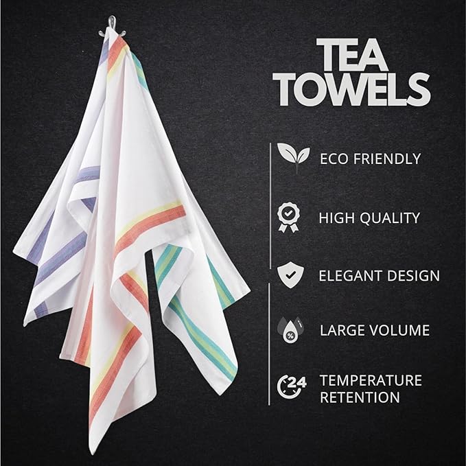 Premium Kitchen Towel (28”x20”, 6 Pack) 100% Cotton Dish Towels Cloths Large Hand Towels Tea Towels for Kitchen with Hanging Loop, Reusable Cleaning Cloths, Fast Dry Lint Free Linen | Assorted Colors