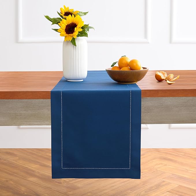 Solino Home Table Runner 108 Inches Long - Cotton Linen Hemstitch Lapis Blue Table Runner 14 x 108 Inch for Summer, Fall, Autumn