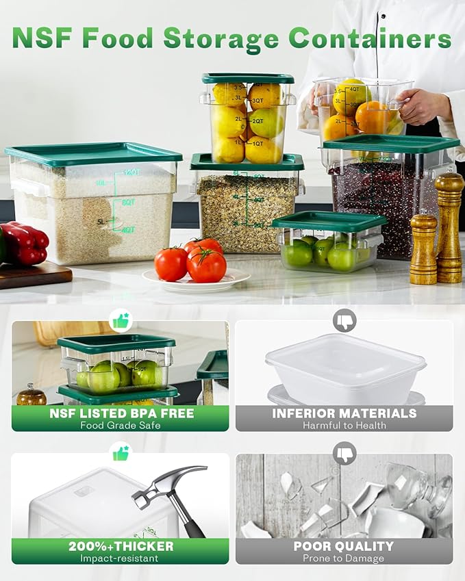 2QT NSF Food Storage Containers: 8 PCS [Food Grade][Hot&Cold Resistant] Commercial Clear Square Food Storage Containers with Scales Handles for Home Restaurant Kitchen Proof Dough(Green)