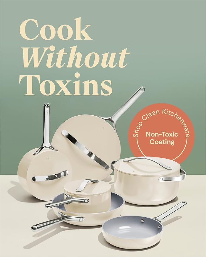 Caraway Deluxe Nonstick Ceramic Cookware Set (16 Piece) Pots, Frying Pans, Lids and Kitchen Storage - PFAS & PFOA Free - Oven Safe Ceramic Pan Set & Compatible with All Stovetops - Gray