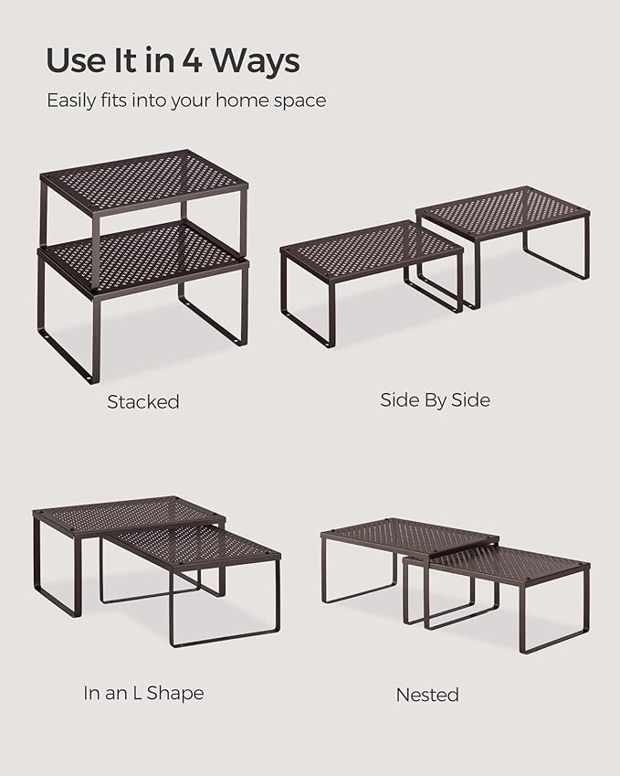 SONGMICS Spice Racks, Set of 4 Metal Cabinet Shelf Organizers, Countertop Organizers, Shelf Risers, Stackable, Expandable, Brown UKCS06BR