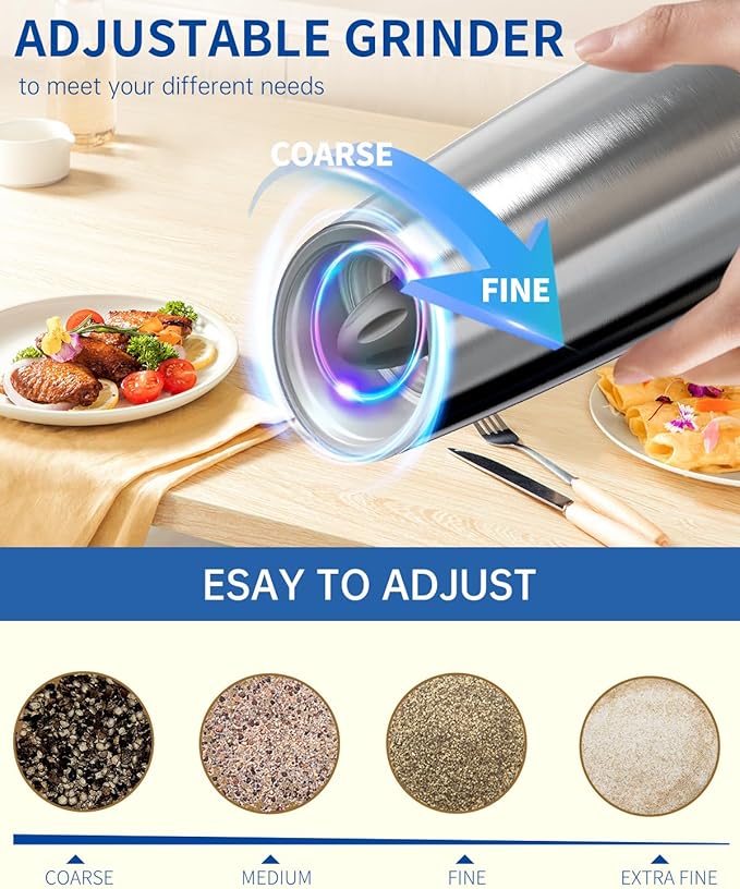 CIRCLE JOY Gravity Electric Salt and Pepper Grinder Set Stainless Steel Automatic Salt and Pepper Grinder Set, Battery Operated, LED Light, Adjustable Coarseness, for Home Kitchen BBQ, Silver