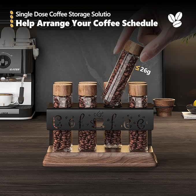 Single Dose Coffee Bean Storage Tubes with One-Way Exhaust Valve,Coffee Bean Container with American Walnut Wood Base,Funnel and Lids,Espresso Bean Storage with 8Pcs Glass Tubes