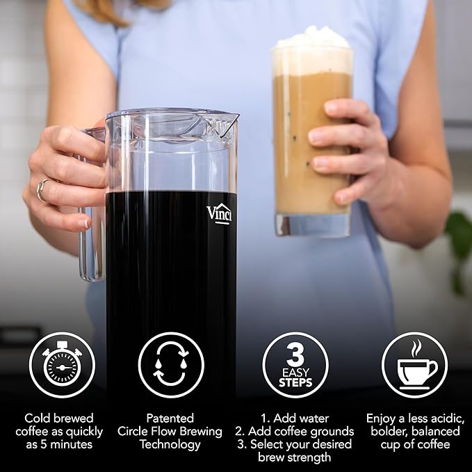 VINCI Express2 Electric Cold Brew Coffee Maker: 37 oz., Fast, Customizable, Low-Acid Brews with Patented Circle Flow Technology Digital Controls, 3 Brew Settings, Self-Cleaning Function