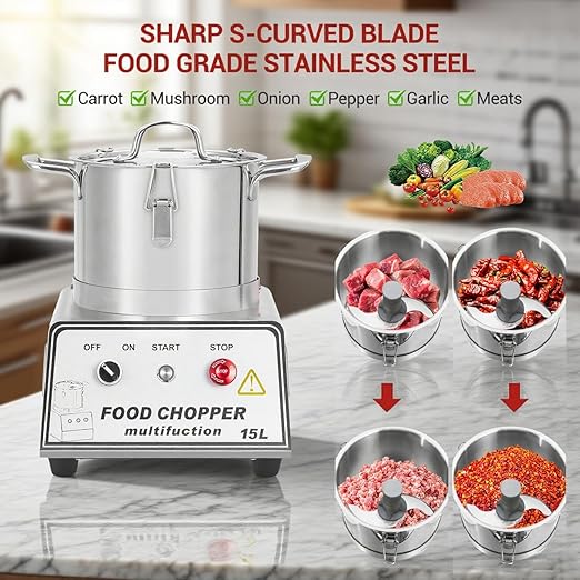 16 Quart Commercial Food Processor, Electric Combination Chopper Meat & Vegetable Grinder, Multi-Functional Stainless Steel Food Processor w/Gloves, 110V/1400W for Fruit, Grains, Nuts Shredding(15L)