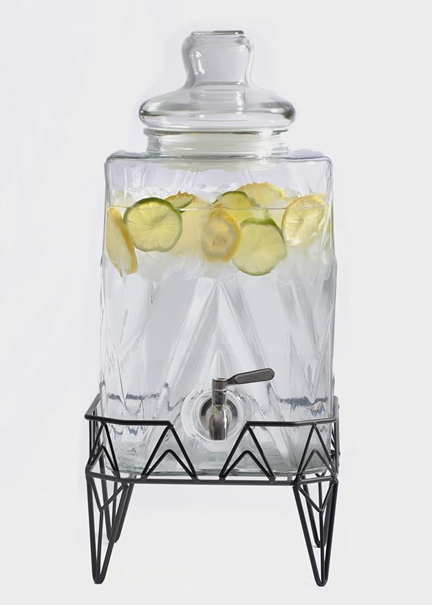 Glacial Ice Design Glass Beverage Dispenser with SS Spigot and Stand - 2.5 Gal