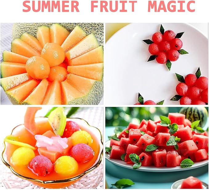 Watermelon Fork Slicer Cutter 2 in 1 & Melon Baller Scoop Set - Stainless Steel Fruits Cutter Kit, Fruit Carving Tools Watermelon Cube Cutter Slicer Tool for DIY Fruit Salads Melons Kitchen Gadget (3)