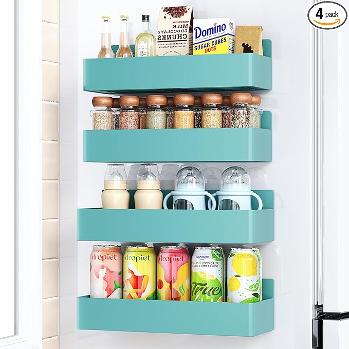 Magnetic Spice Rack for Refrigerator, Kitchen Organizer and Storage Shelf, Blue (4 Pack)…