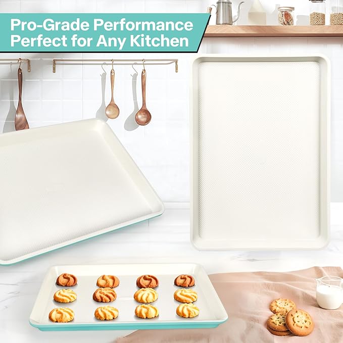 3-Pack Blue Ceramic-Coating Baking Sheet Pans, PFOA/PFOS/PTFE-Free Nonstick Cookie Sheet Trays, 0.8mm Thick Heavy Duty, with Diamond Texture, Replacement Toaster Oven Tray for Everyday Baking