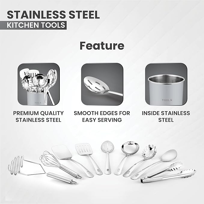 Avador® Premium Set of 10 Stainless Steel (GREY HOLDER) Kitchen Tool Set with Holder Easy To Clean, Space Saving, Great for Cooking, Baking, Prepping (GREY)