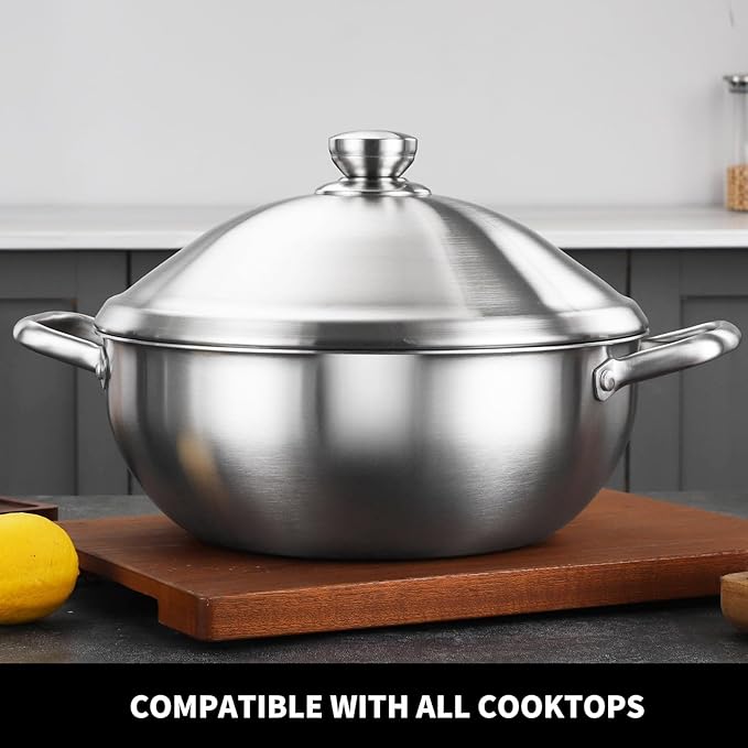 Delarlo Tri-Ply Stainless Steel Steamer Pot 12 Inch Everyday Pan With Lid,kitchen everything pan, Chef's Pans,Induction Cooking Pot, 7QT Stock Pot Dishwasher and Oven Safe