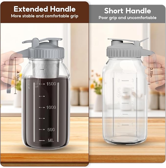 Cold Brew Coffee Maker Jar - 2 Pack 64 oz/32 oz Glass Cold Brew Maker with Handle, Stainless Steel Filter & Leak-Proof Lid, Heavy Duty Cold Brew Pitcher for Iced Coffee, Sun Tea, and Milk