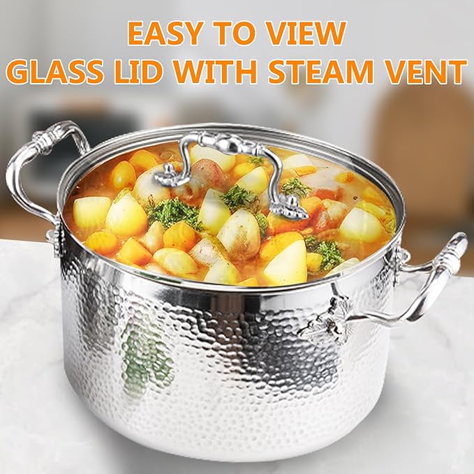 Stainless Steel Stock Pot with Visible Lid for Pasta, Soup, Spaghetti, Nonstick Thick Bottom Stockpot, Induction Pasta Pot Compatible with All Cooktops, Dishwasher Safe,5.6QT