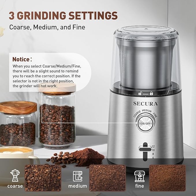 Secura Electric Coffee Grinder and Spice Grinder with 2 Stainless Steel Blades