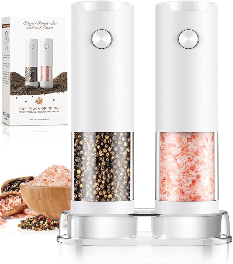 Electric Salt and Pepper Grinder Set Automatic Battery Pepper Mill Shakers Adjustable Coarseness Easy Filling Upgraded Larger Capacity with Led (2 Pack White/White）