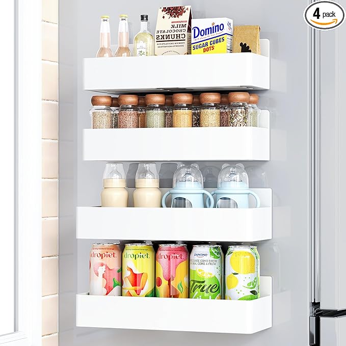 Magnetic Spice Rack for Refrigerator, Kitchen Organizer and Storage Shelf, White (4 Pack)…