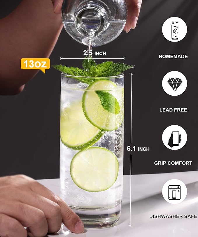 LUNA & MANTHA Highball Glasses Set of 6, 13 OZ Drinking Glasses, Lead-Free Crystal Water Glass, Tall Glass Cups for Cocktail, Tom Collins, Mojito, Mixed Drink, Kitchen and Bar Glassware