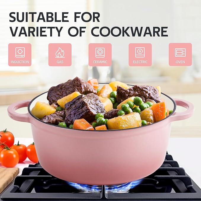 6 Quart Dutch Oven Enameled Cast Iron with Lid - Big Dual Handles - Oven Safe up to 500°F - Classic Round Pot for Versatile Cooking (Pink, 6 QT)