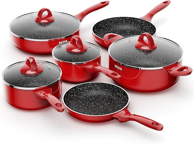 Induction Cookware Pots and Pans Set 10 Piece, BEZIA Dishwasher Safe Nonstick Cooking Pans, Stay-Cool Bakelite Handle, Scratch Resistant Kitchen Sets with Frying Pans, Saucepans & Stockpot (Red)