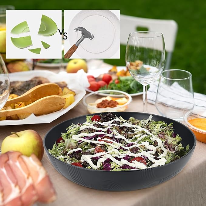 Wheat Straw Salad Bowls,65oz Unbreakable Wide and Shallow Dinner Bowls Set of 2,Microwave Safe Reusable Plastic Salad Bowls for Kids, Adults,Salad,Camping,RV.Black and White