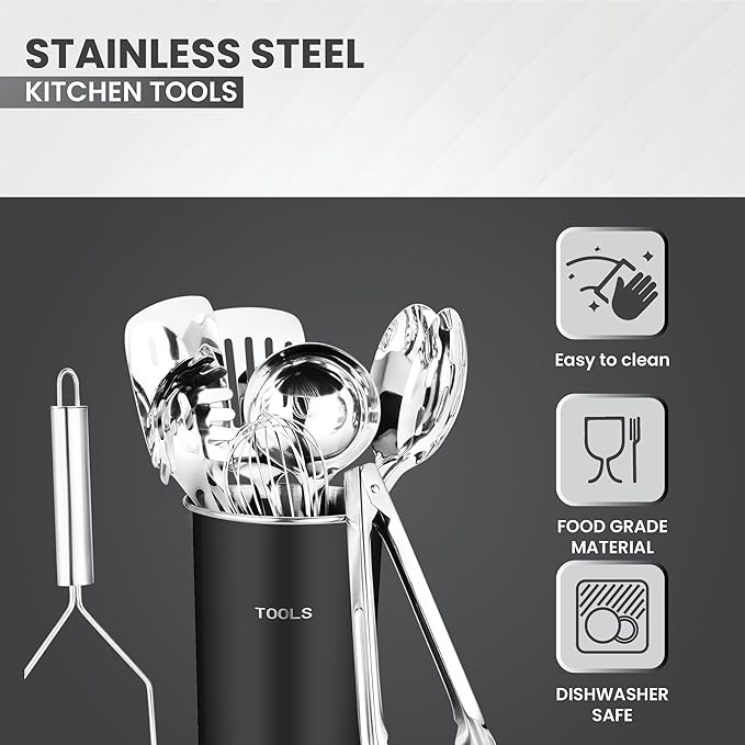 Avador® Premium Set of 10 Stainless Steel (BLACK HOLDER) Kitchen Tool Set with Holder Easy To Clean, Space Saving, Great for Cooking, Baking, Prepping (BLACK)